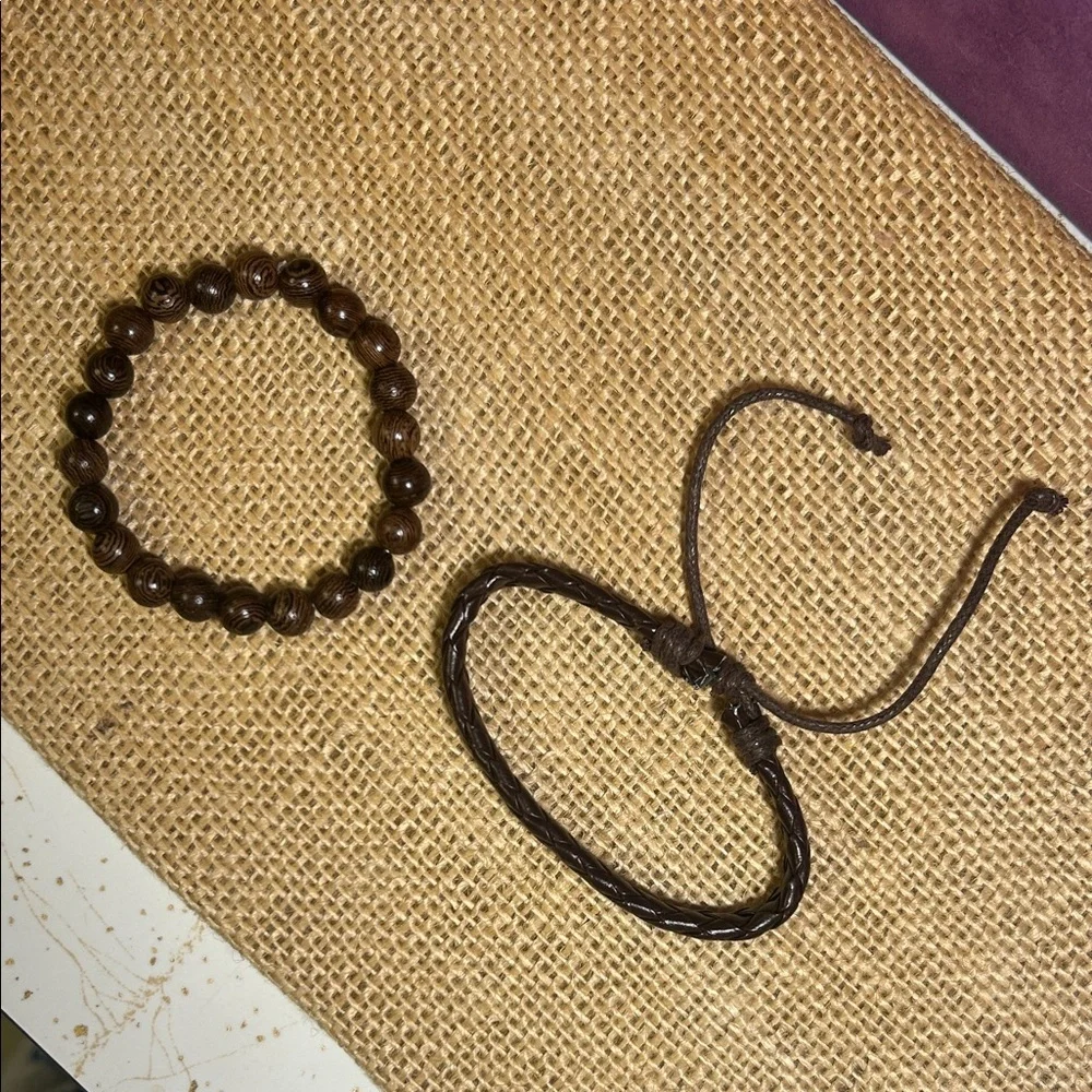Wooden Bead and Braided Leather Bracelet Bundle (A)